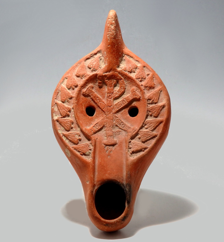 Roman North African Terracotta Oil Lamp Depicting Chi-Rho